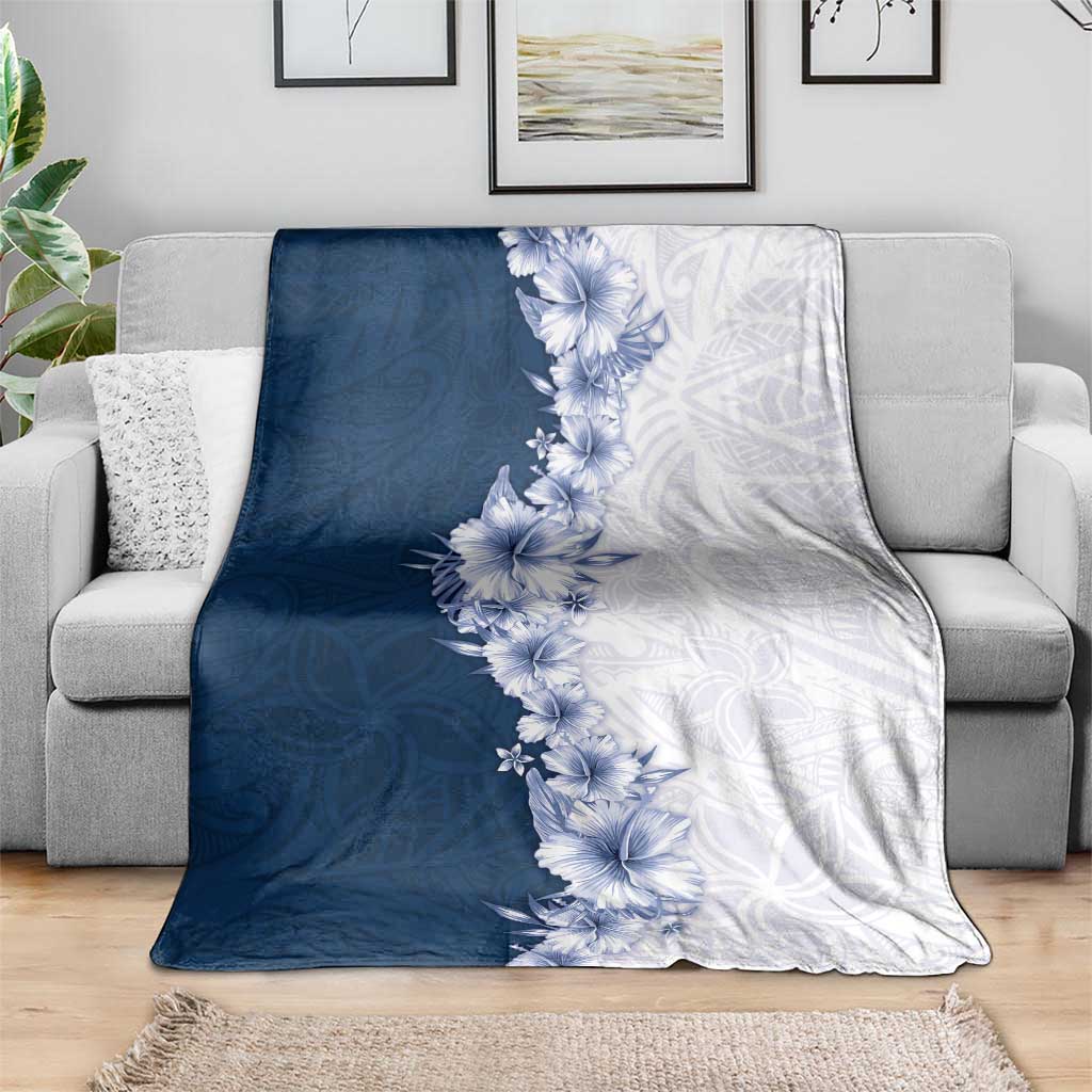 Hawaii Hibiscus Flowers Blanket Blue Polynesian Pattern