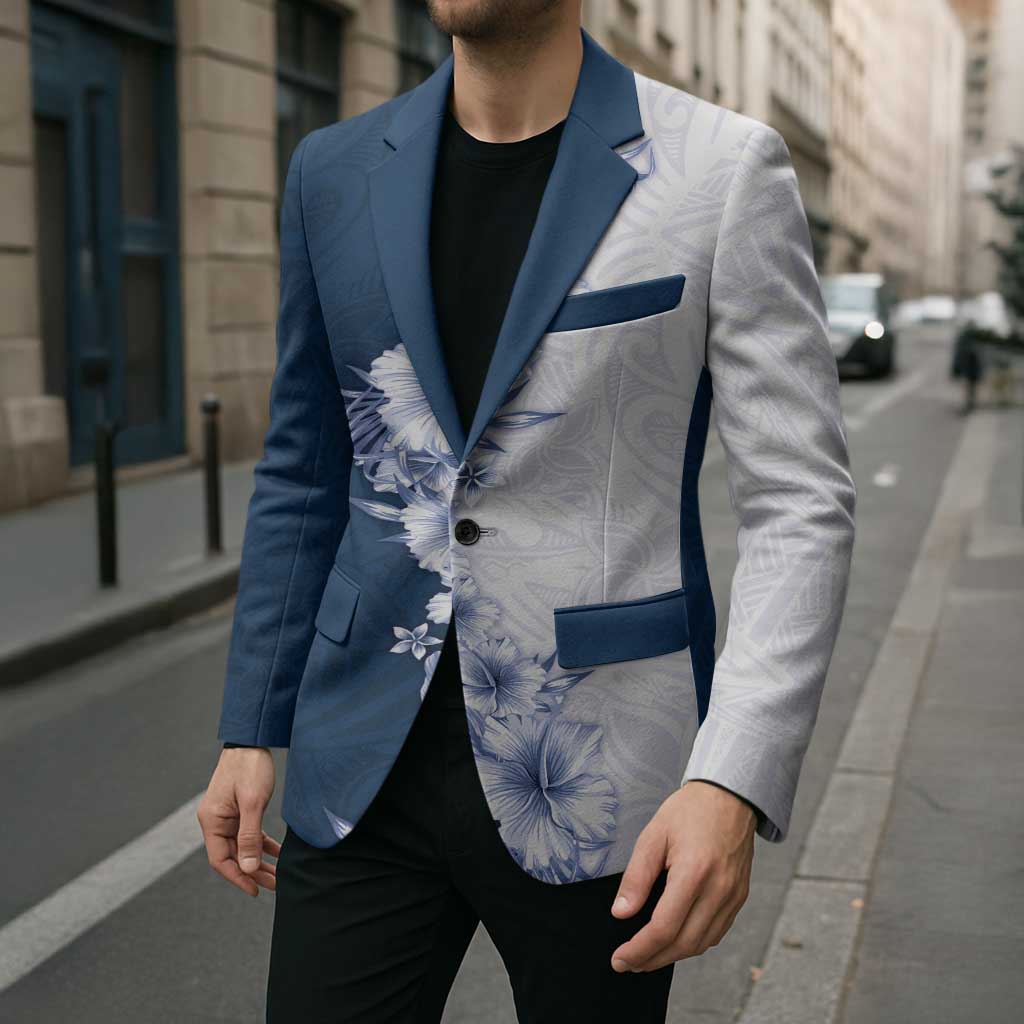 Hawaii Hibiscus Flowers Blazer Blue Polynesian Pattern