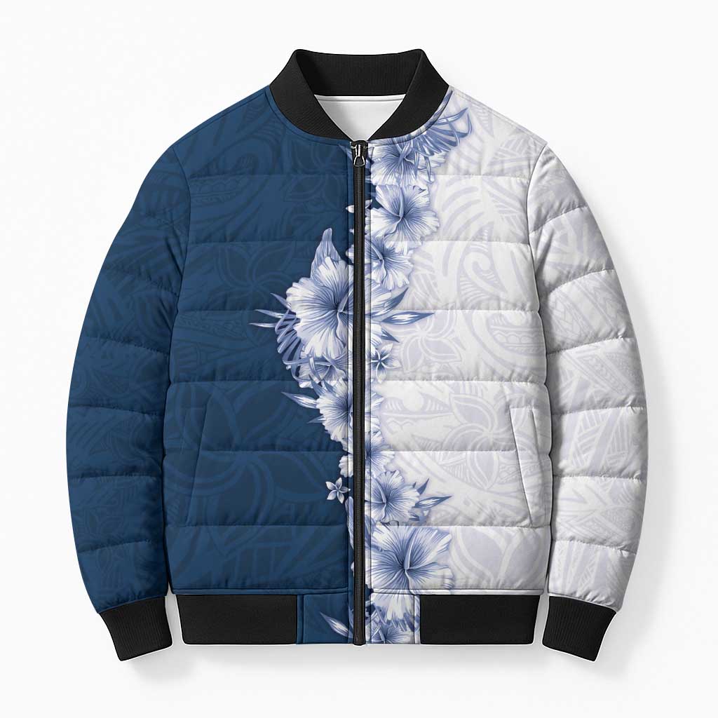 Hawaii Hibiscus Flowers Bomber Puffer Jacket Blue Polynesian Pattern