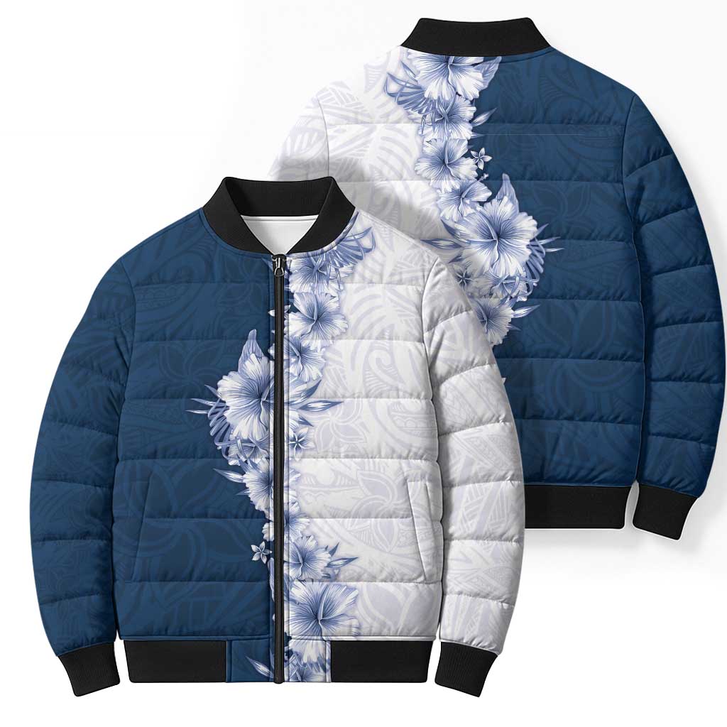 Hawaii Hibiscus Flowers Bomber Puffer Jacket Blue Polynesian Pattern