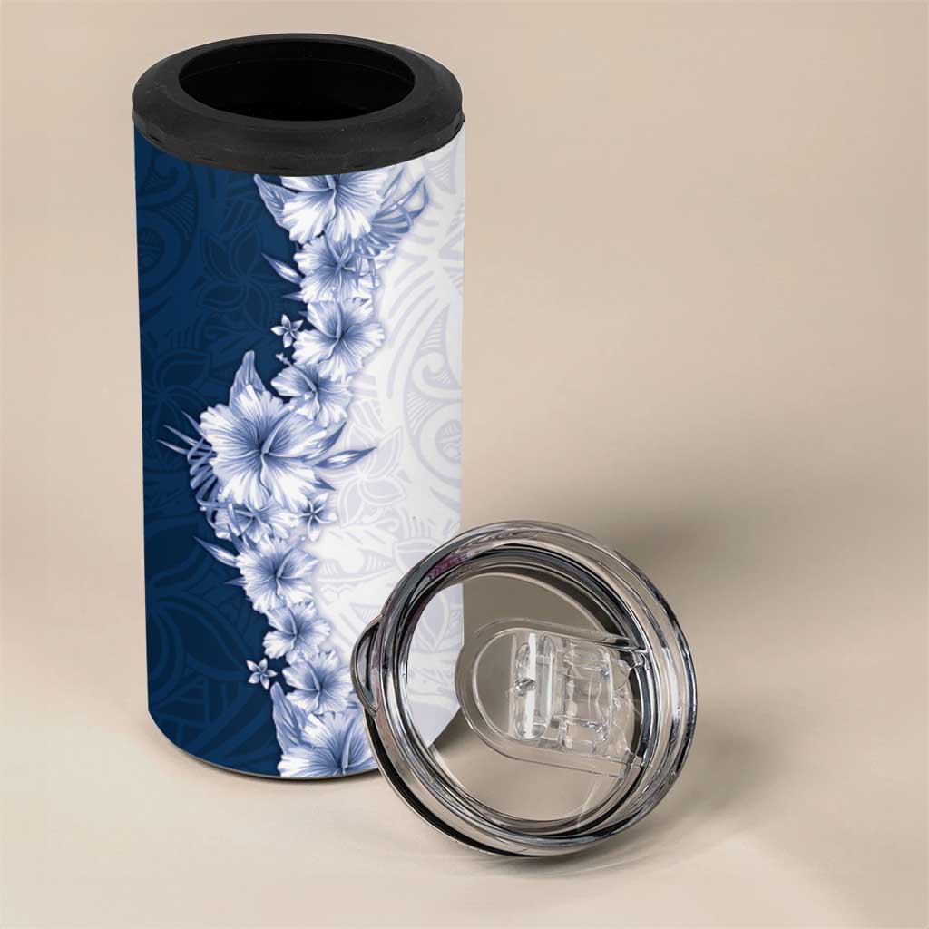 Hawaii Hibiscus Flowers 4 in 1 Can Cooler Tumbler Blue Polynesian Pattern