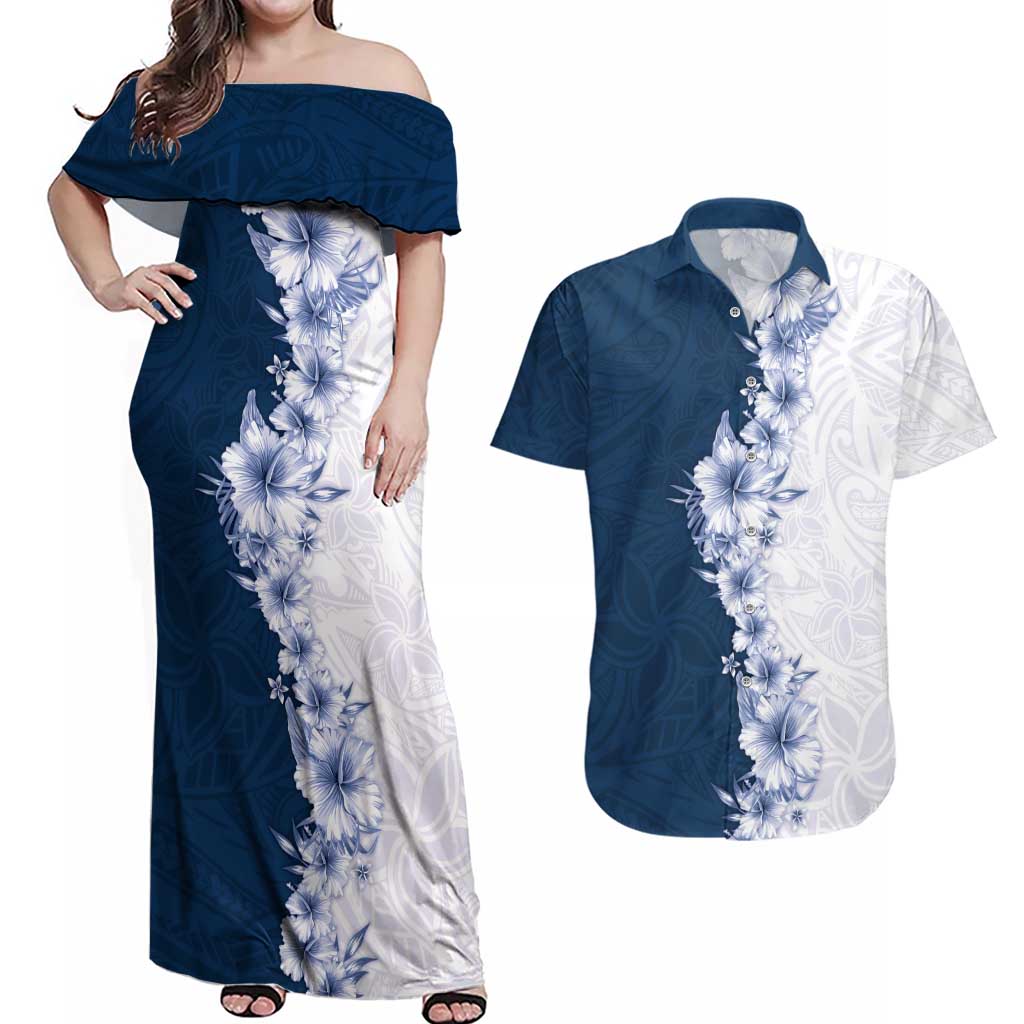 Hawaii Hibiscus Flowers Couples Matching Off Shoulder Maxi Dress and Hawaiian Shirt Blue Polynesian Pattern