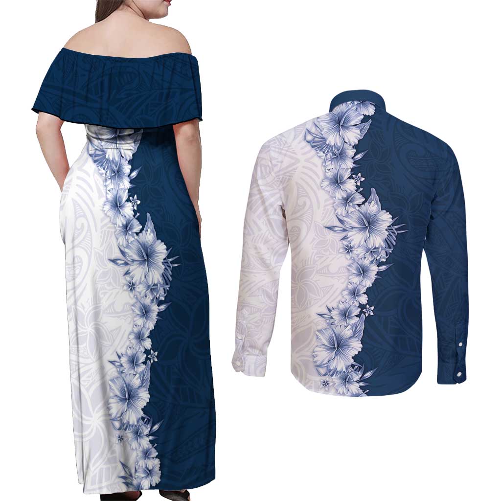Hawaii Hibiscus Flowers Couples Matching Off Shoulder Maxi Dress and Long Sleeve Button Shirt Blue Polynesian Pattern