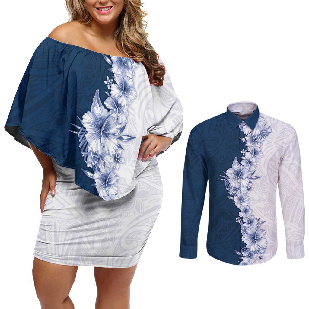 Hawaii Hibiscus Flowers Couples Matching Off Shoulder Short Dress and Long Sleeve Button Shirt Blue Polynesian Pattern