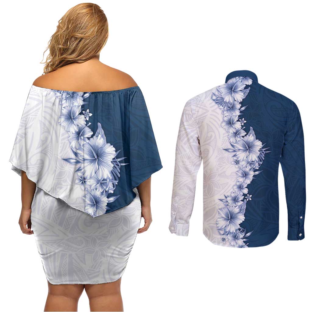 Hawaii Hibiscus Flowers Couples Matching Off Shoulder Short Dress and Long Sleeve Button Shirt Blue Polynesian Pattern