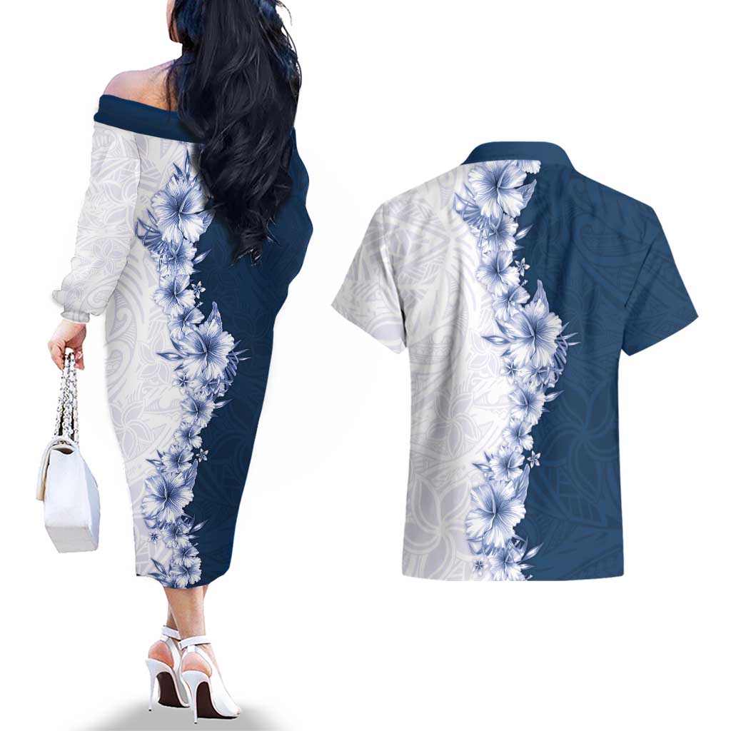 Hawaii Hibiscus Flowers Couples Matching Off The Shoulder Long Sleeve Dress and Hawaiian Shirt Blue Polynesian Pattern