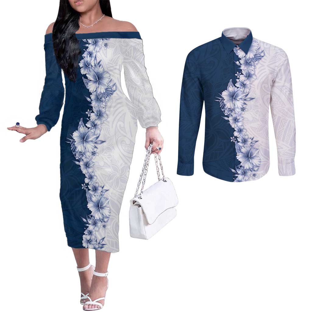 Hawaii Hibiscus Flowers Couples Matching Off The Shoulder Long Sleeve Dress and Long Sleeve Button Shirt Blue Polynesian Pattern LT05 Blue - Polynesian Pride