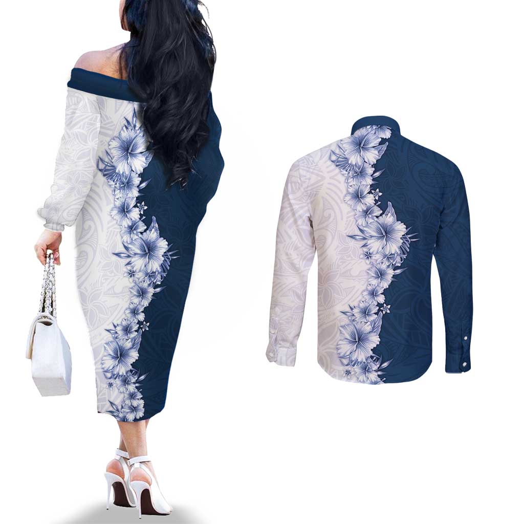 Hawaii Hibiscus Flowers Couples Matching Off The Shoulder Long Sleeve Dress and Long Sleeve Button Shirt Blue Polynesian Pattern LT05 - Polynesian Pride