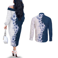 Hawaii Hibiscus Flowers Couples Matching Off The Shoulder Long Sleeve Dress and Long Sleeve Button Shirt Blue Polynesian Pattern LT05 - Polynesian Pride