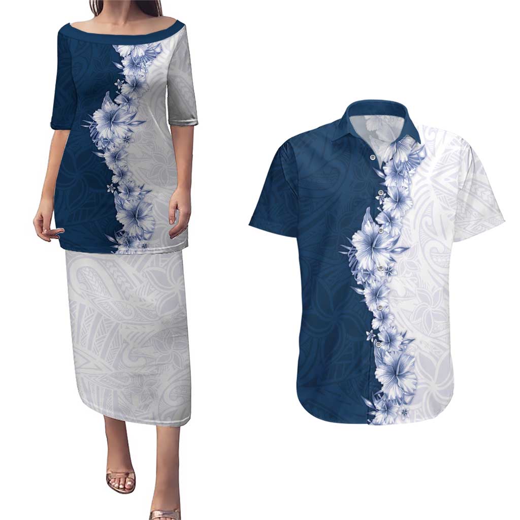Hawaii Hibiscus Flowers Couples Matching Puletasi and Hawaiian Shirt Blue Polynesian Pattern LT05 Blue - Polynesian Pride