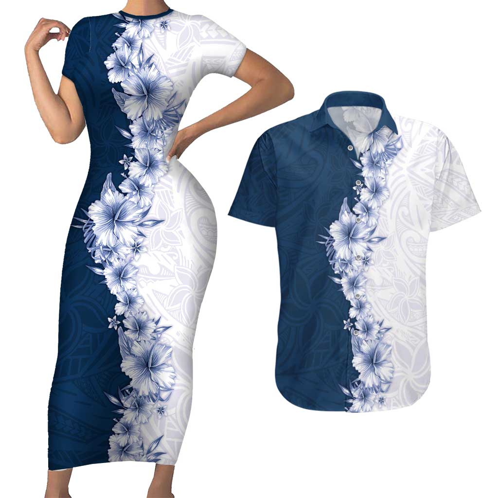 Hawaii Hibiscus Flowers Couples Matching Short Sleeve Bodycon Dress and Hawaiian Shirt Blue Polynesian Pattern