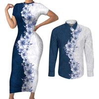 Hawaii Hibiscus Flowers Couples Matching Short Sleeve Bodycon Dress and Long Sleeve Button Shirt Blue Polynesian Pattern LT05 Blue - Polynesian Pride