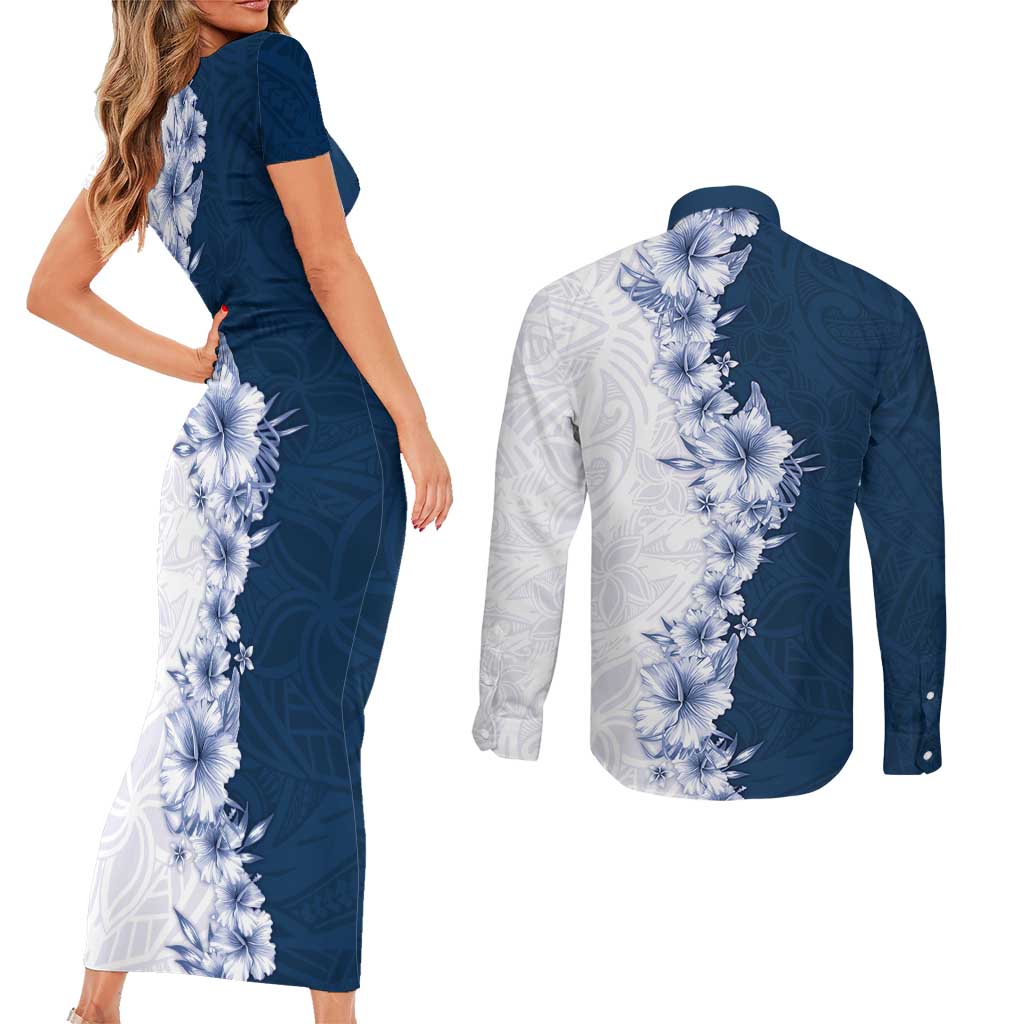 Hawaii Hibiscus Flowers Couples Matching Short Sleeve Bodycon Dress and Long Sleeve Button Shirt Blue Polynesian Pattern LT05 - Polynesian Pride