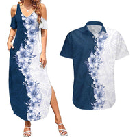 Hawaii Hibiscus Flowers Couples Matching Summer Maxi Dress and Hawaiian Shirt Blue Polynesian Pattern
