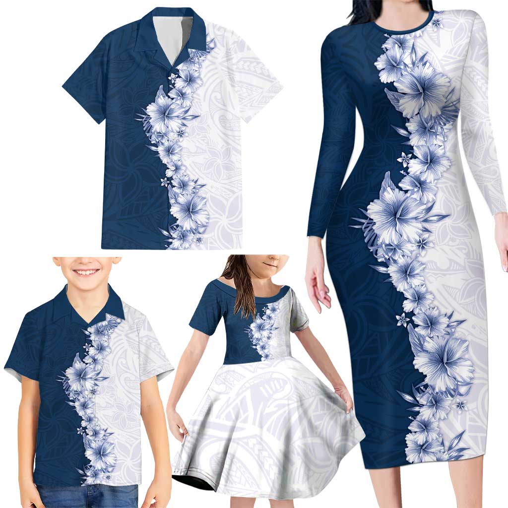 Hawaii Hibiscus Flowers Family Matching Long Sleeve Bodycon Dress and Hawaiian Shirt Blue Polynesian Pattern