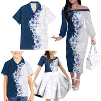 Hawaii Hibiscus Flowers Family Matching Off The Shoulder Long Sleeve Dress and Hawaiian Shirt Blue Polynesian Pattern