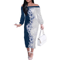 Hawaii Hibiscus Flowers Family Matching Off The Shoulder Long Sleeve Dress and Hawaiian Shirt Blue Polynesian Pattern