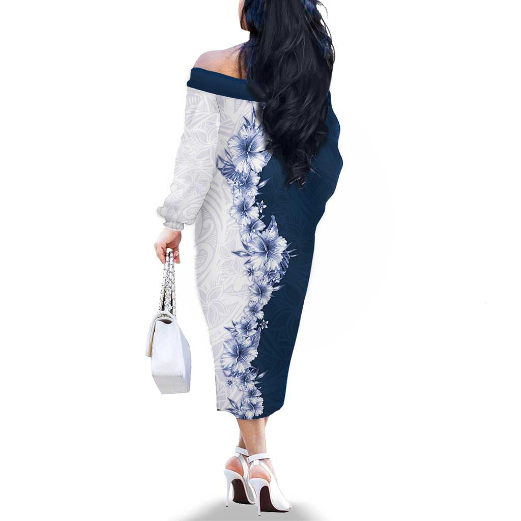 Hawaii Hibiscus Flowers Family Matching Off The Shoulder Long Sleeve Dress and Hawaiian Shirt Blue Polynesian Pattern