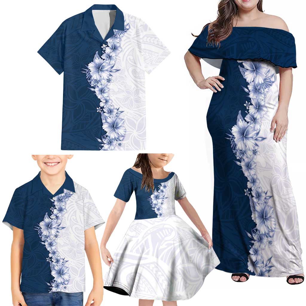 Hawaii Hibiscus Flowers Family Matching Off Shoulder Maxi Dress and Hawaiian Shirt Blue Polynesian Pattern LT05 - Polynesian Pride