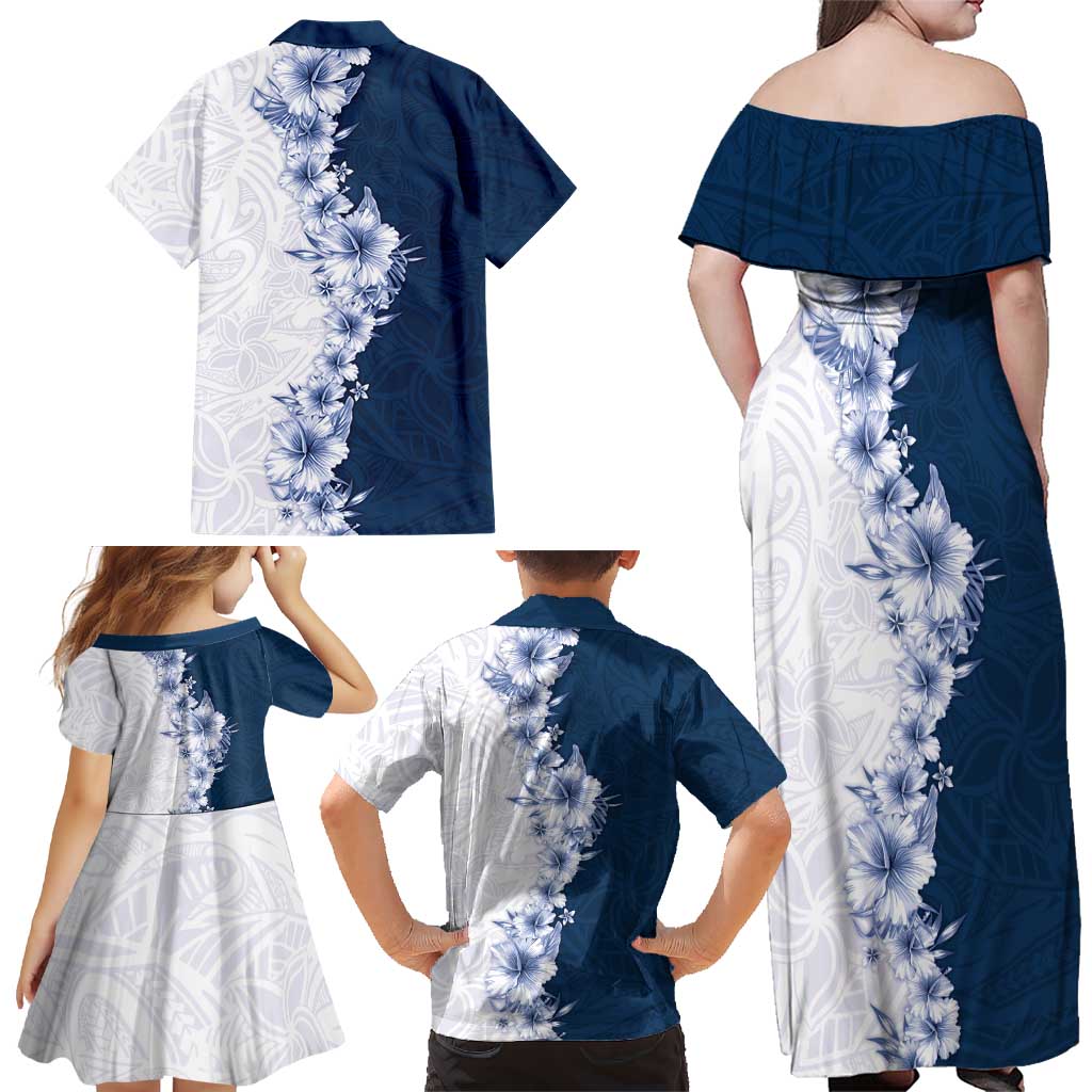 Hawaii Hibiscus Flowers Family Matching Off Shoulder Maxi Dress and Hawaiian Shirt Blue Polynesian Pattern LT05 - Polynesian Pride