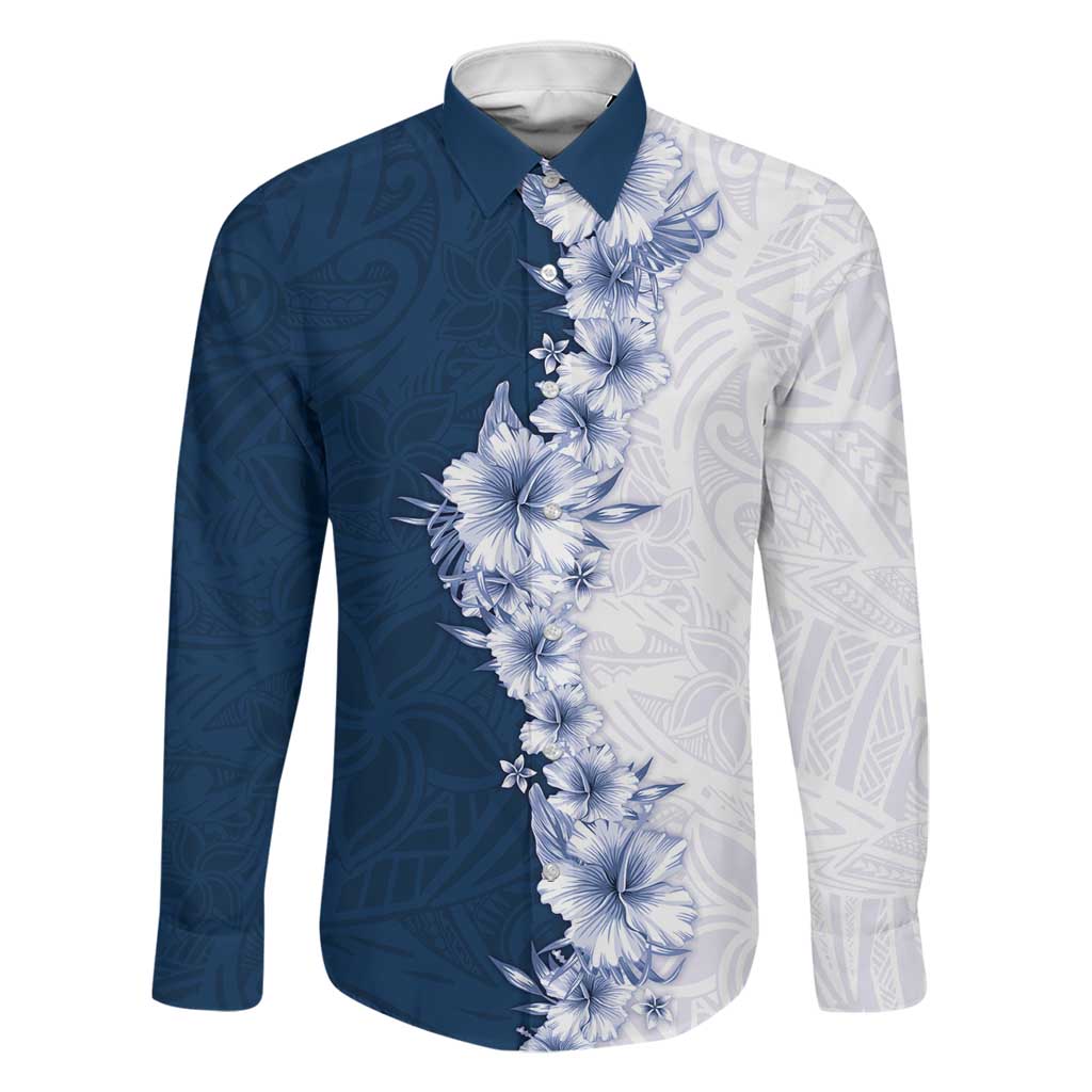 Hawaii Hibiscus Flowers Family Matching Off Shoulder Maxi Dress and Hawaiian Shirt Blue Polynesian Pattern LT05 Dad's Shirt - Long Sleeve Blue - Polynesian Pride