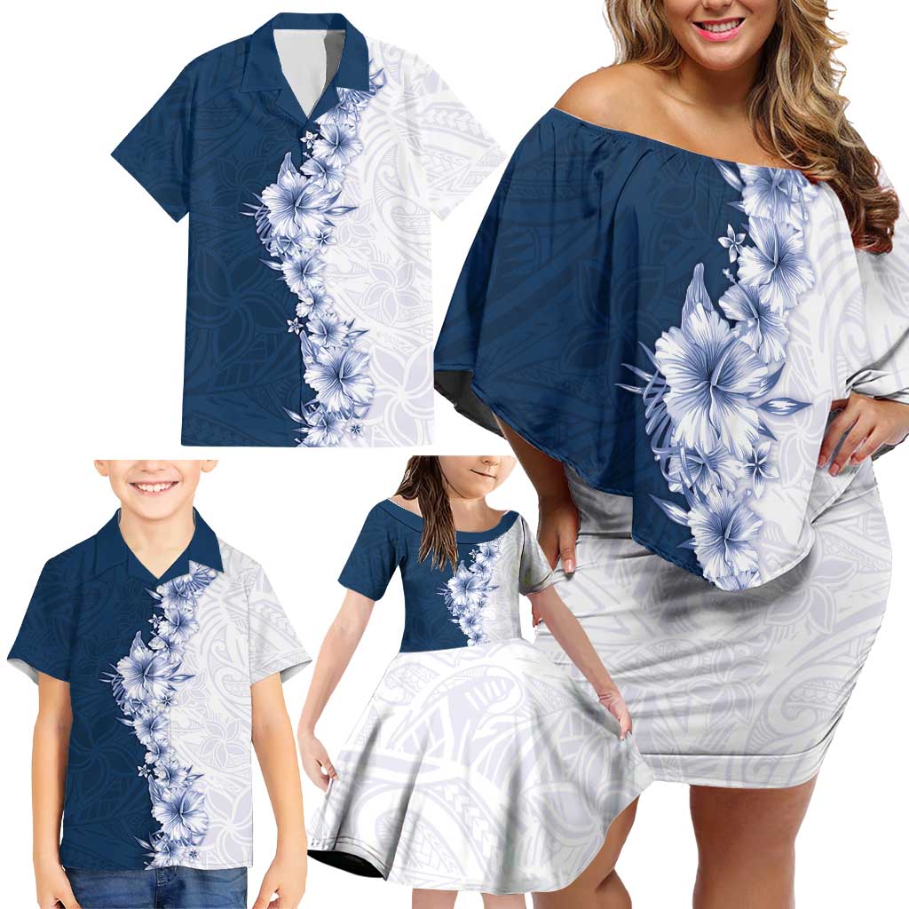 Hawaii Hibiscus Flowers Family Matching Off Shoulder Short Dress and Hawaiian Shirt Blue Polynesian Pattern