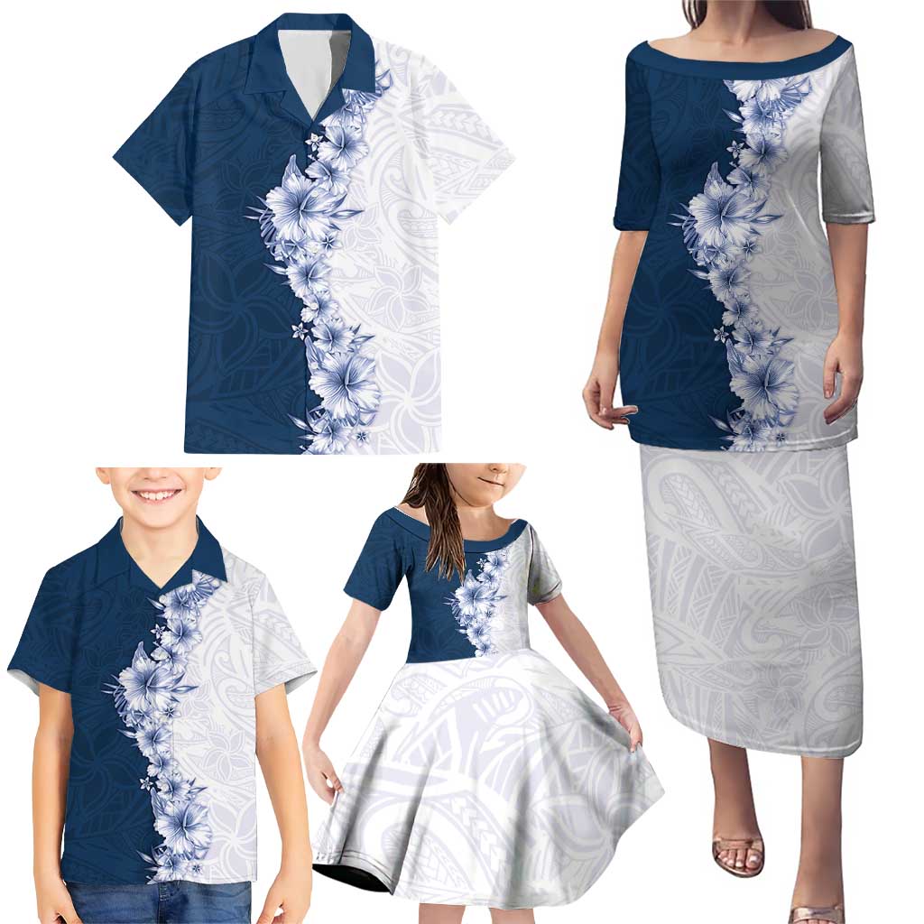 Hawaii Hibiscus Flowers Family Matching Puletasi and Hawaiian Shirt Blue Polynesian Pattern