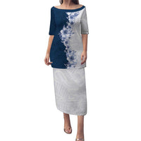 Hawaii Hibiscus Flowers Family Matching Puletasi and Hawaiian Shirt Blue Polynesian Pattern