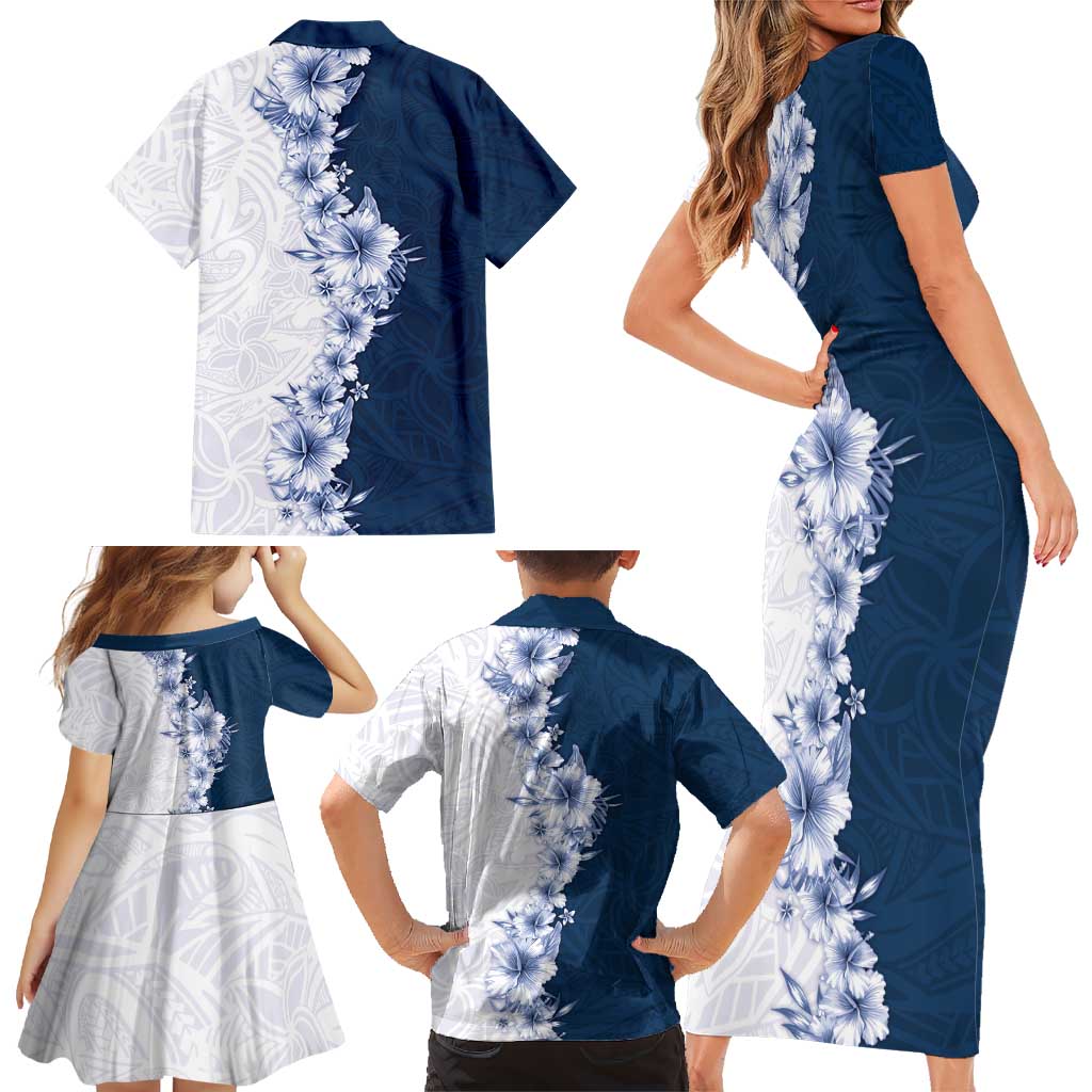 Hawaii Hibiscus Flowers Family Matching Short Sleeve Bodycon Dress and Hawaiian Shirt Blue Polynesian Pattern