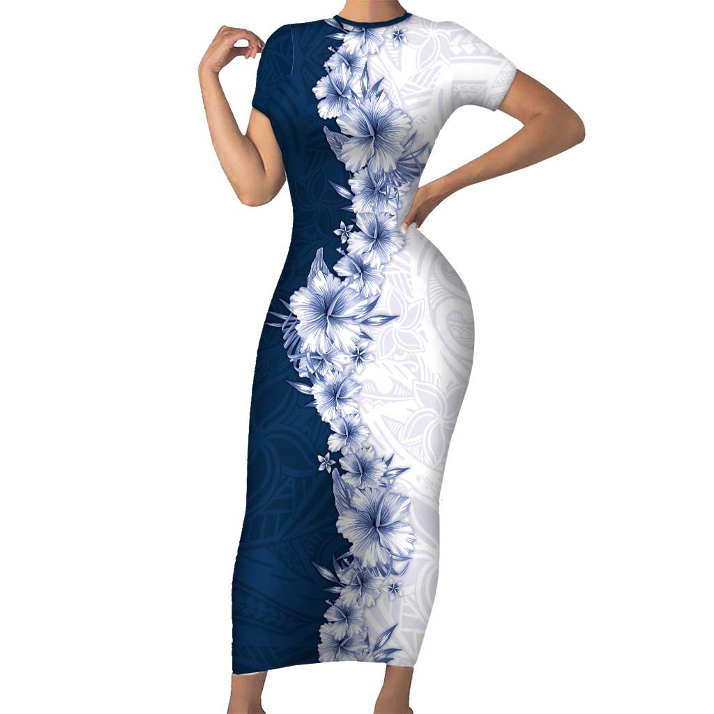 Hawaii Hibiscus Flowers Family Matching Short Sleeve Bodycon Dress and Hawaiian Shirt Blue Polynesian Pattern