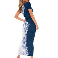 Hawaii Hibiscus Flowers Family Matching Short Sleeve Bodycon Dress and Hawaiian Shirt Blue Polynesian Pattern