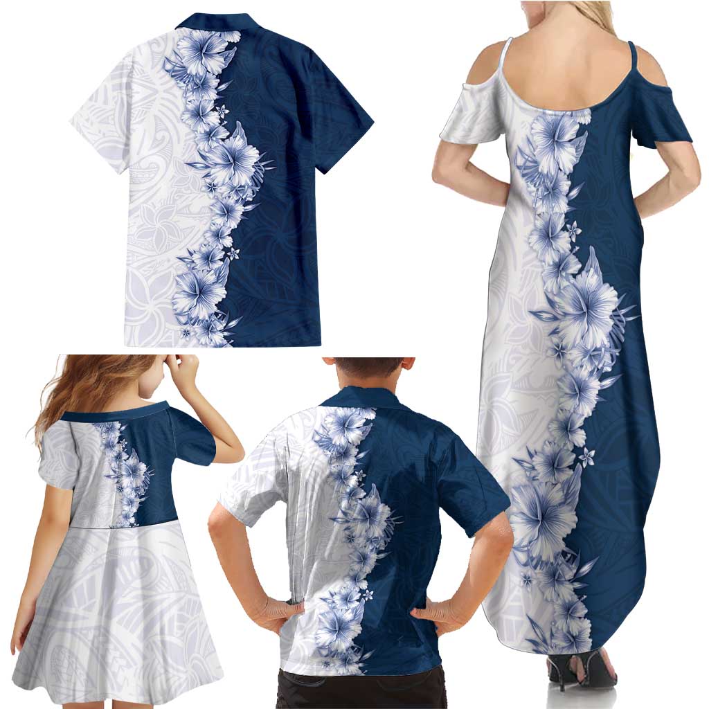 Hawaii Hibiscus Flowers Family Matching Summer Maxi Dress and Hawaiian Shirt Blue Polynesian Pattern