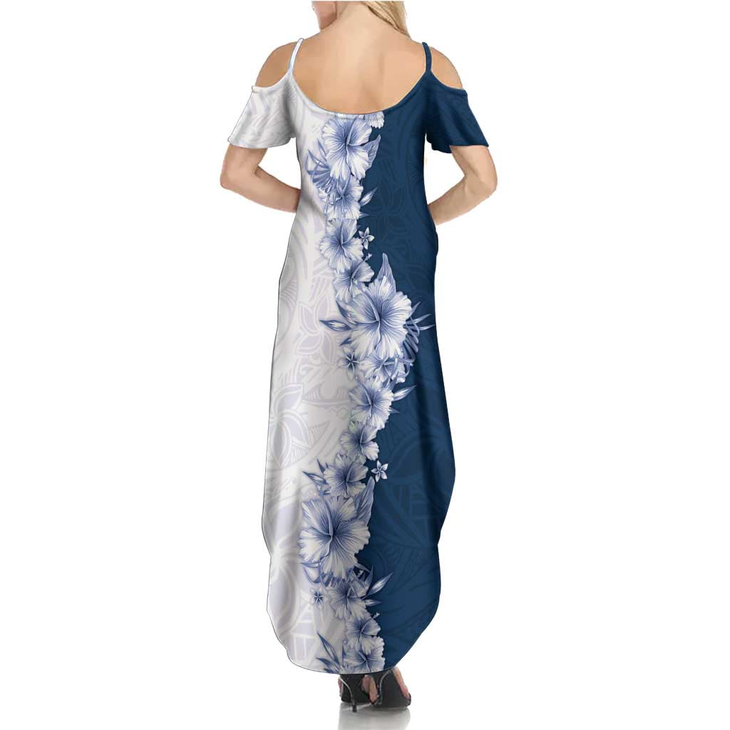Hawaii Hibiscus Flowers Family Matching Summer Maxi Dress and Hawaiian Shirt Blue Polynesian Pattern