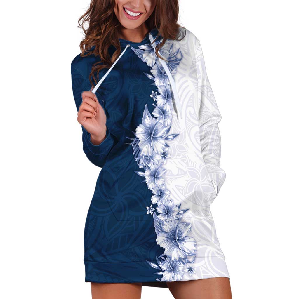 Hawaii Hibiscus Flowers Hoodie Dress Blue Polynesian Pattern