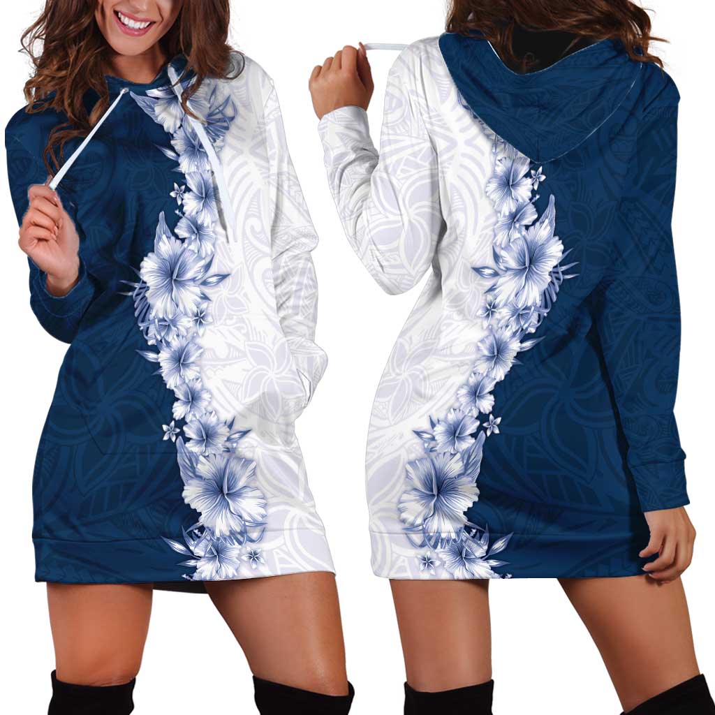 Hawaii Hibiscus Flowers Hoodie Dress Blue Polynesian Pattern