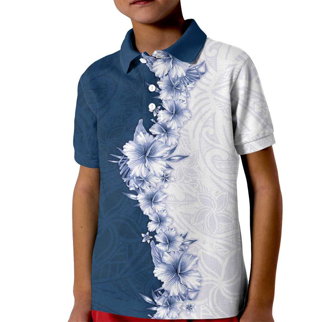 Hawaii Hibiscus Flowers Kid Polo Shirt Blue Polynesian Pattern