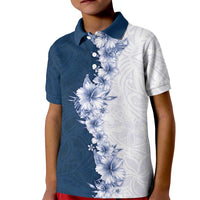 Hawaii Hibiscus Flowers Kid Polo Shirt Blue Polynesian Pattern