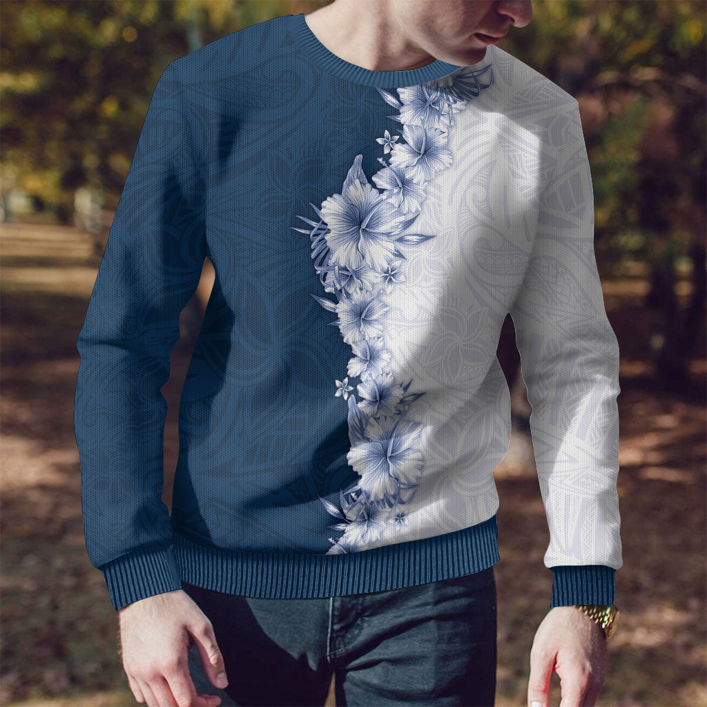 Hawaii Hibiscus Flowers Ugly Christmas Sweater Blue Polynesian Pattern LT05 - Polynesian Pride