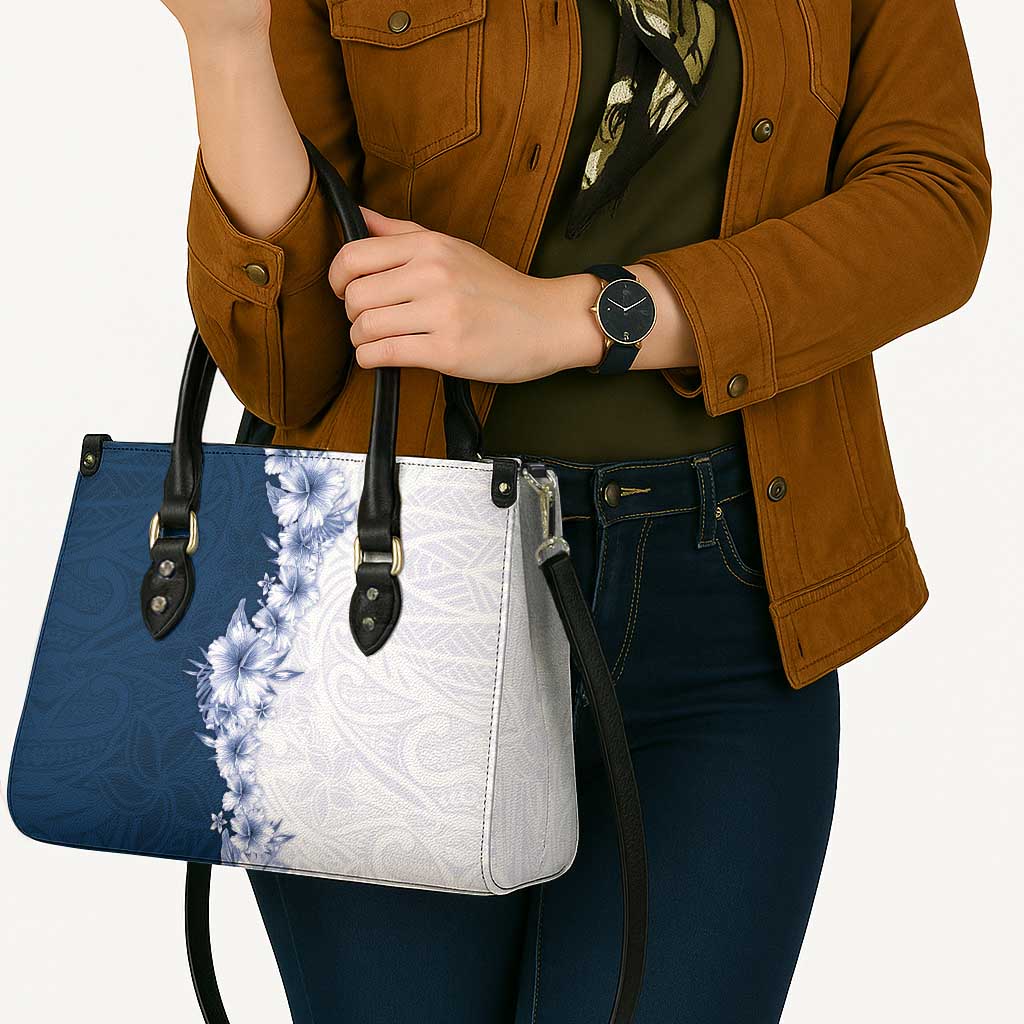 Hawaii Hibiscus Flowers Leather Bag Blue Polynesian Pattern