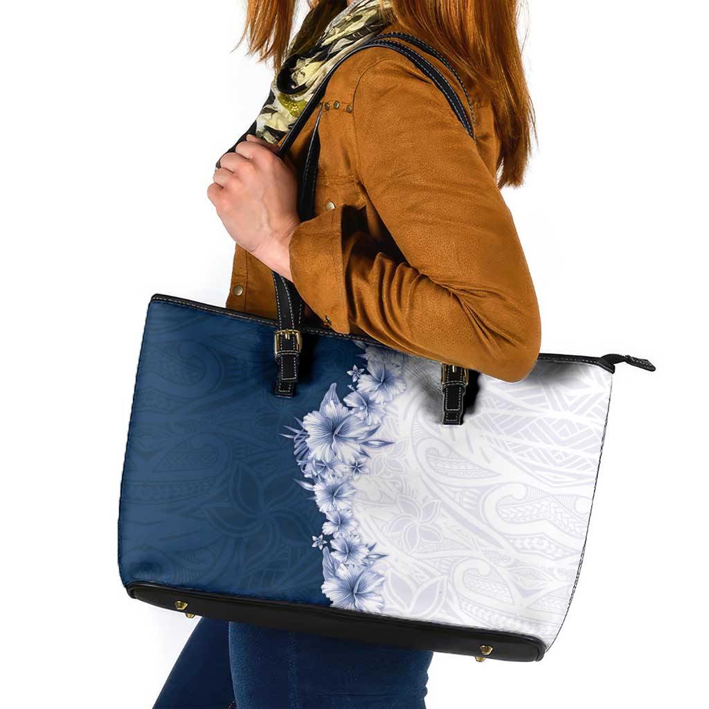 Hawaii Hibiscus Flowers Leather Tote Bag Blue Polynesian Pattern