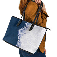 Hawaii Hibiscus Flowers Leather Tote Bag Blue Polynesian Pattern