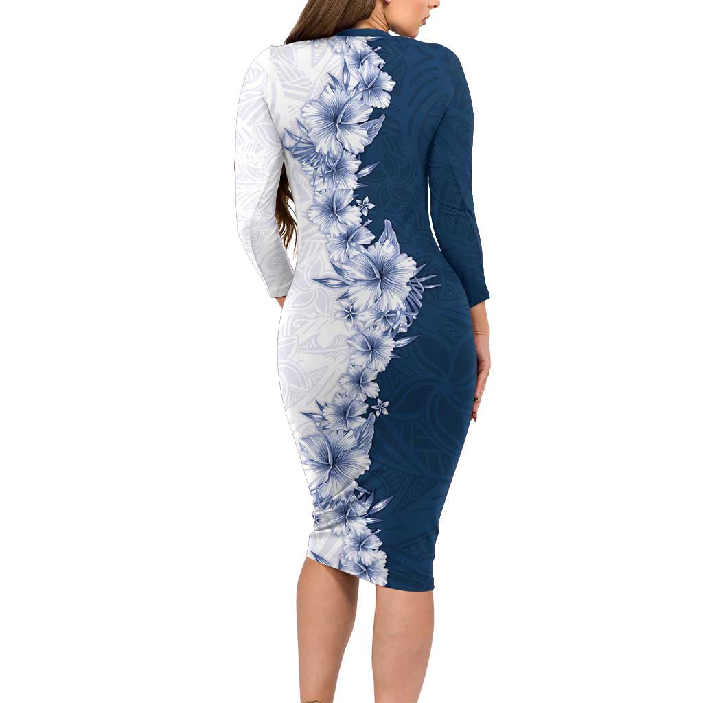 Hawaii Hibiscus Flowers Long Sleeve Bodycon Dress Blue Polynesian Pattern