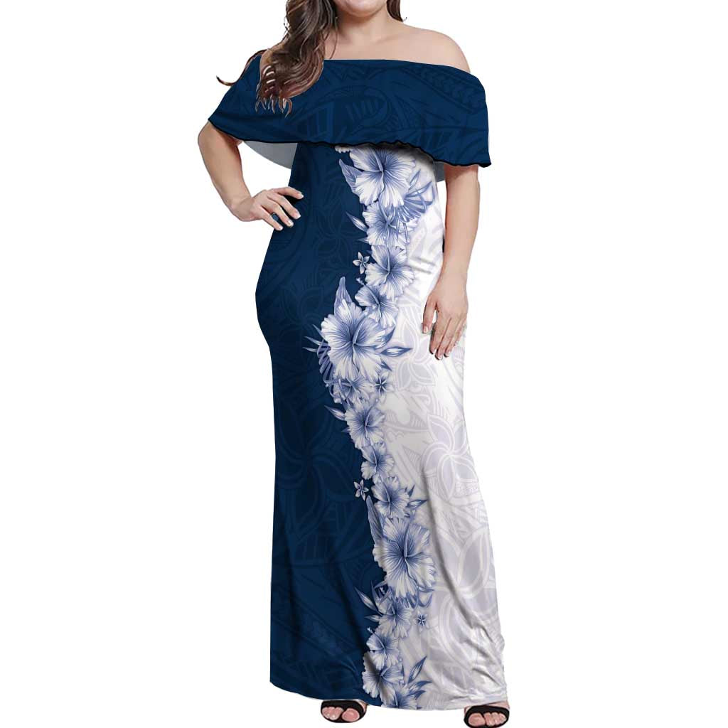 Hawaii Hibiscus Flowers Off Shoulder Maxi Dress Blue Polynesian Pattern