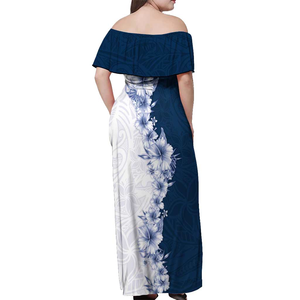 Hawaii Hibiscus Flowers Off Shoulder Maxi Dress Blue Polynesian Pattern