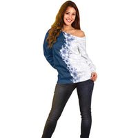 Hawaii Hibiscus Flowers Off Shoulder Sweater Blue Polynesian Pattern