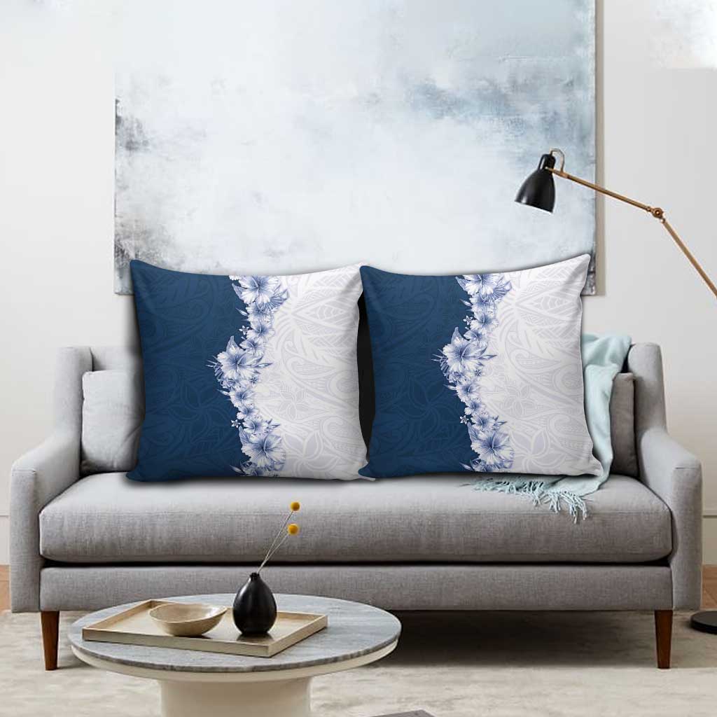 Hawaii Hibiscus Flowers Pillow Cover Blue Polynesian Pattern