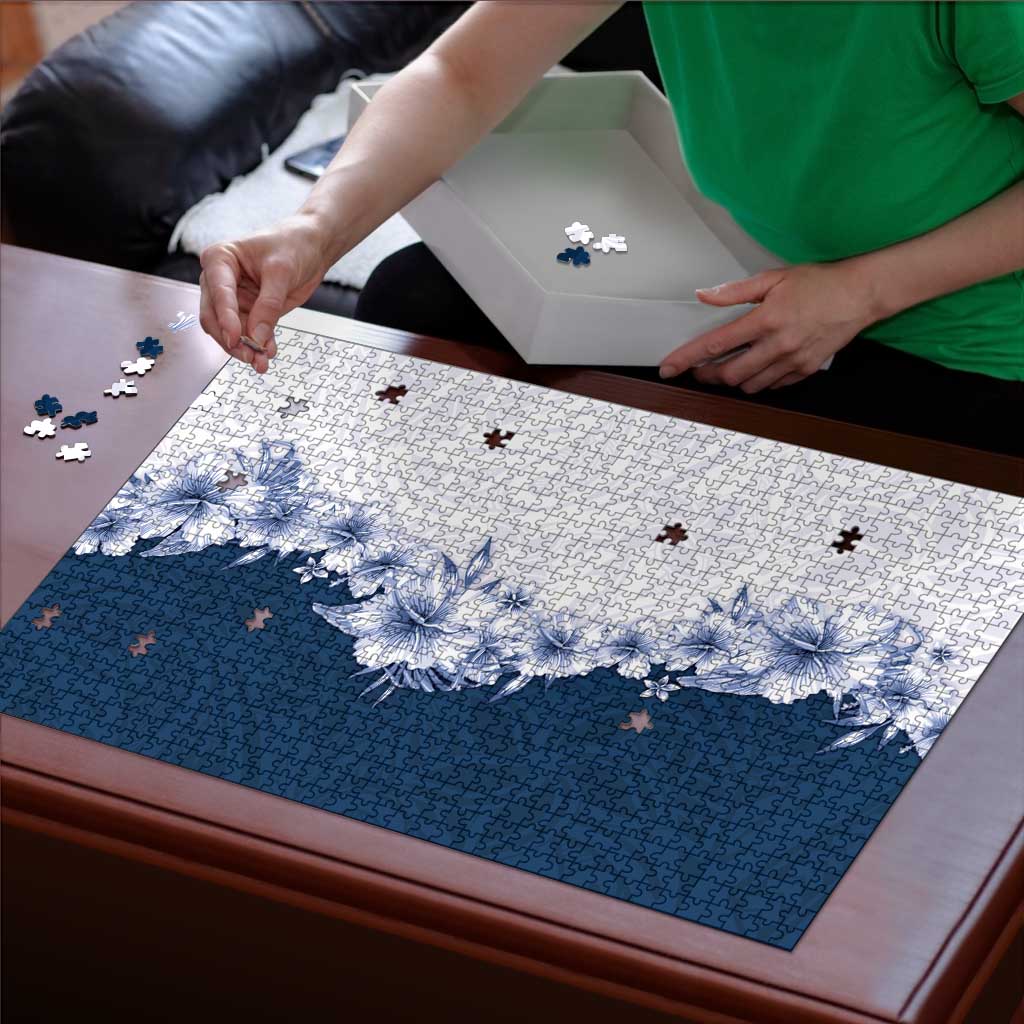 Hawaii Hibiscus Flowers Puzzle Blue Polynesian Pattern