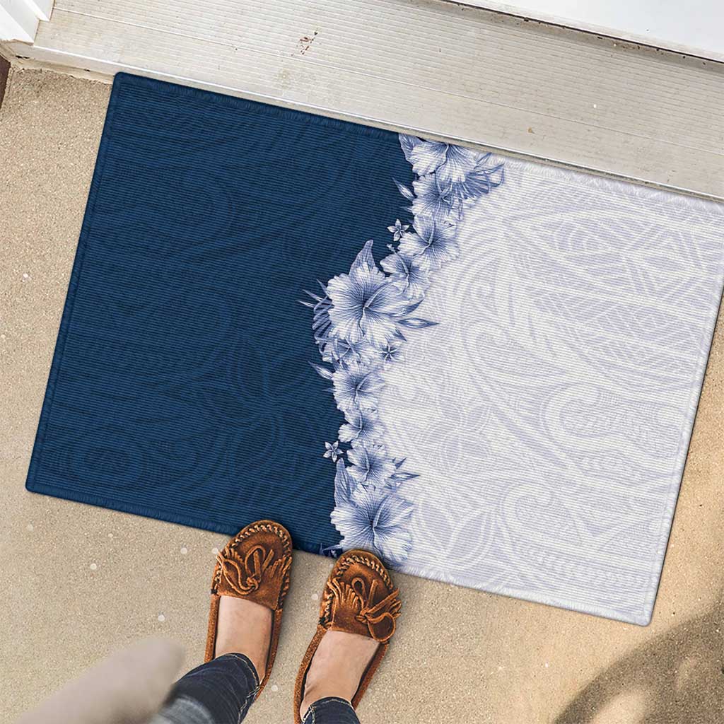 Hawaii Hibiscus Flowers Rubber Doormat Blue Polynesian Pattern