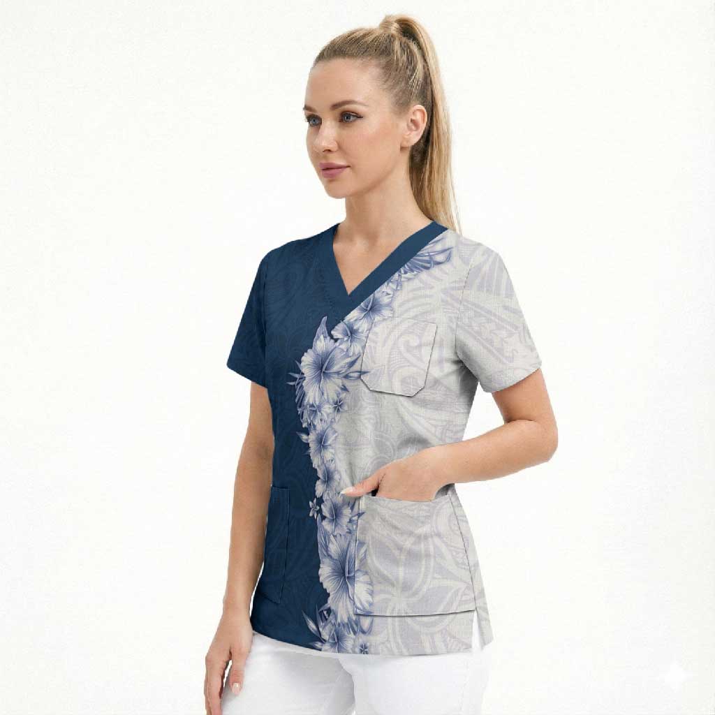Hawaii Hibiscus Flowers Scrub Top Blue Polynesian Pattern