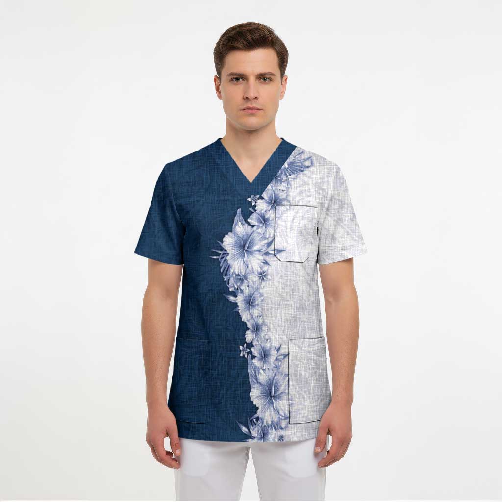 Hawaii Hibiscus Flowers Scrub Top Blue Polynesian Pattern